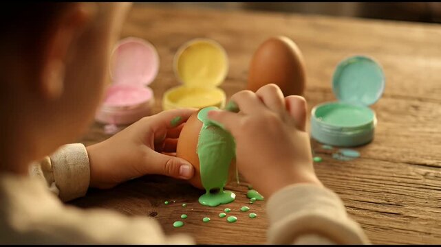 Creativity painting and crafting for Easter egg decorating during springtime activities with child playfully applying green slime to a broken shell in a workshop setting Imagination artistry and DIY