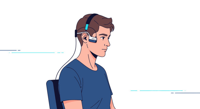Man with headset and electrodes for brainwave monitoring, EEG test or neurofeedback