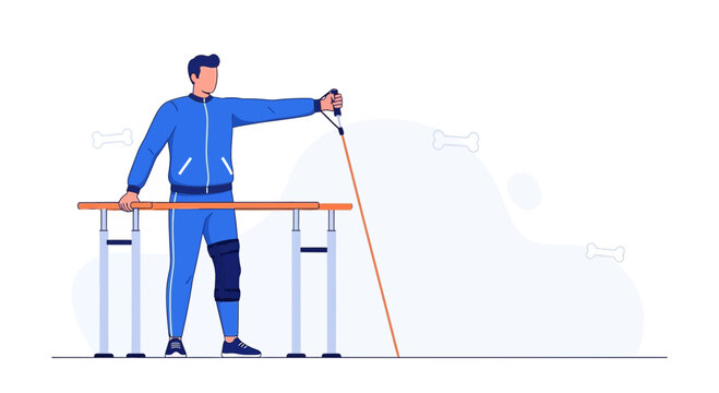 Man with prosthetic leg doing physical therapy with resistance band and parallel bars