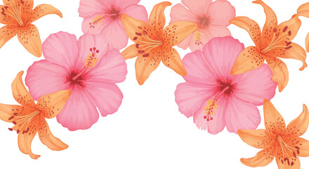 Lush summer floral vector background with vibrant pink hibiscus and striking orange lily blooms, creating a beautiful decorative border, perfect for invitations, cards, and tropical-themed designs © Pronob Kumar Ray