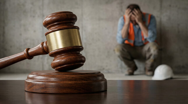 Employment labor law justice concept with gavel and stressed worker in safety vest