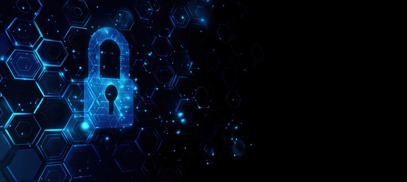 Abstract digital padlock icon on hexagon network background conveying cybersecurity and data protection in blue neon with glowing particles and secure connection