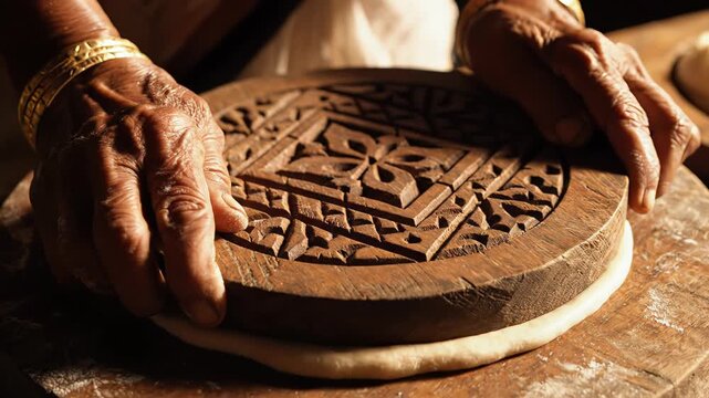 Elderly hands with gold bangles press intricately carved wooden stamp onto soft dough creating traditional patterns warm lighting Rustic kitchen scene focus on cultural heritage and artisanal skill