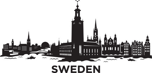 Obraz premium Black silhouette of Stockholm cityscape with modern buildings and boats