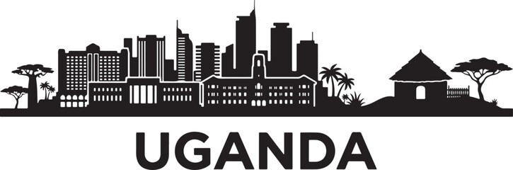 Obraz premium Uganda city skyline silhouette with traditional hut and palm trees