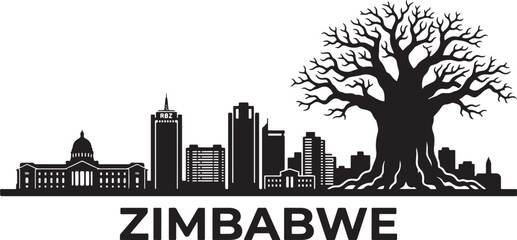 Obraz premium Modern Zimbabwe cityscape with iconic tree and buildings