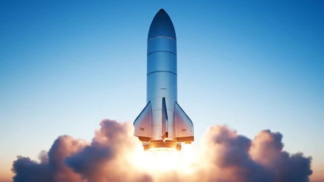 Modern rocket launching into clear blue sky at sunset with vibrant orange glow