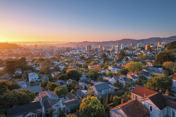 Obraz premium Urban residential neighborhood with houses and trees at sunset, city skyline in background under clear sky, peaceful and warm atmosphere