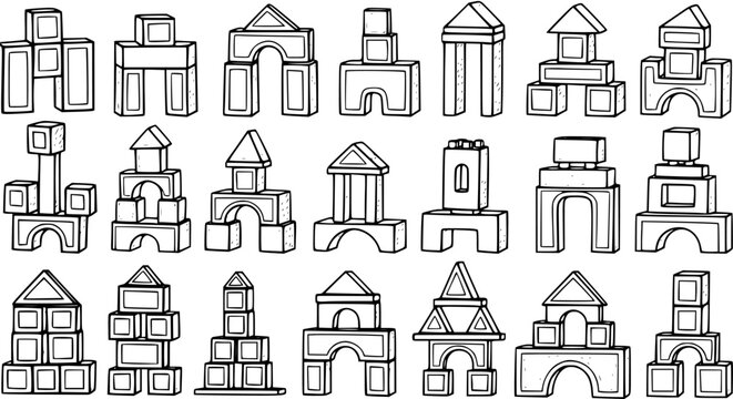 Building Blocks Structures Line Art Set. Hand-Drawn Black and White Outline Illustrations of Toy Constructions for Childhood Education and Play.