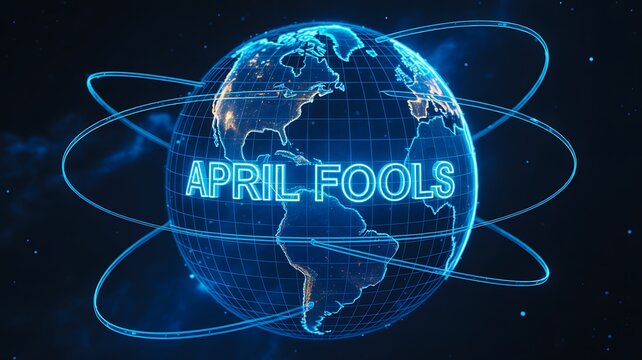 April fools day digital globe background with futuristic earth and glowing text