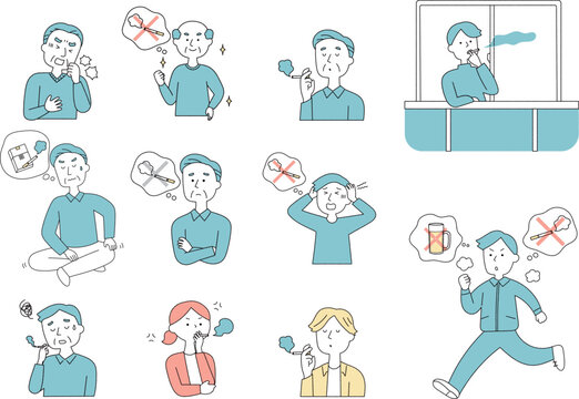 喫煙に関する人々の表情と行動セットイラスト単色