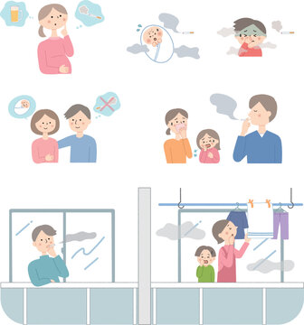 受動喫煙と健康被害、妊婦や子供への影響を表す人物イラストセット