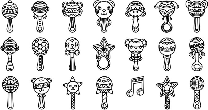 Baby Rattles and Musical Instruments Line Art Icons Set. Black and White Outline Toys for Childhood Play, Sound, and Education.