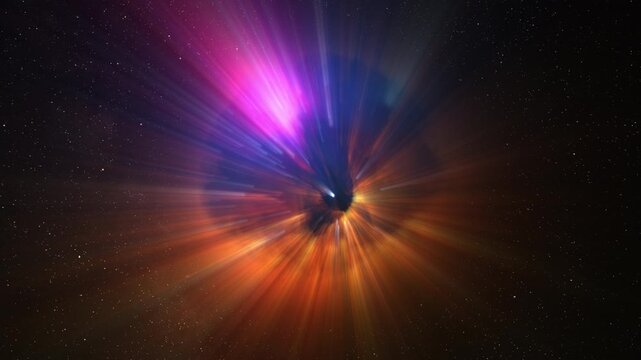 Abstract multicolor glow sphere with rays, science background. Bizzard planet structure in space, 4k