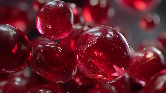 Close-up of glistening ruby red glass spheres, evoking feelings of luxury, passion, and innovation. Perfect for marketing materials, website backgroun