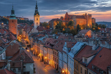 Obraz premium Old town cityscape at dusk with historic buildings, cobblestone street, illuminated street lamps, and castle on hill under dramatic sky, creating charming and peaceful atmosphere