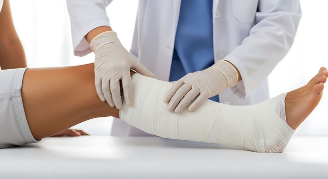 Doctor applying medical bandage to patient leg for injury and recovery