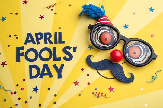 April Fools Day Funny Prank Face With Novelty Glasses Nose And Mustache On Yellow Background

