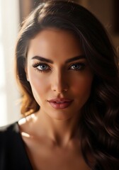 Portrait emphasizing the captivating facial features and rich dark hair of a beautiful woman