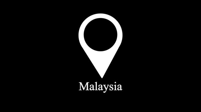 White location pin icon above the word malaysia on a black background malaysia map marker,with 4k video animation.