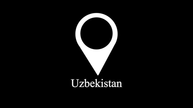 White location pin icon above the word uzbekistan on a black background uzbekistan map marker,with 4k video animation.