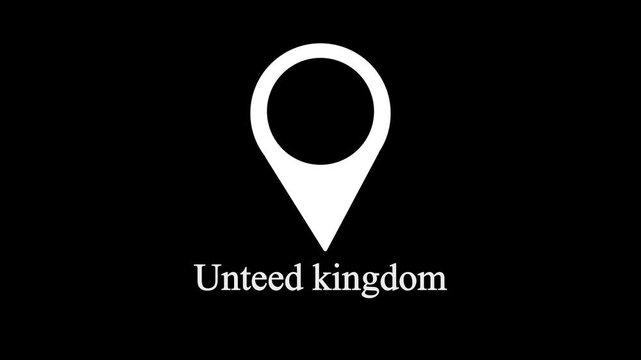White location pin icon above the word unteed kingdom on a black background unteed kingdom map marker,with 4k video animation.
