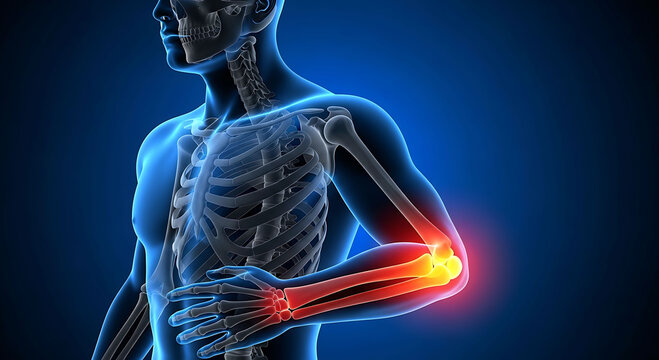 Human skeleton showing elbow and wrist pain with red inflammation 3D rendering