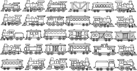 Black and White Line Art Illustration of Various Vintage Trains, Locomotives, and Carriages © pixsource