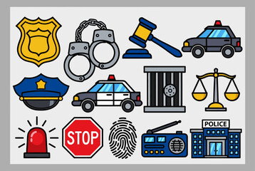 Collection of law enforcement symbols and objects including badge, handcuffs, and police car, presented in a flat design style © ayat