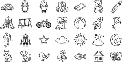Fototapeta premium Childhood Play and Nature Doodle Icons Set - Hand Drawn Black and White Line Art Illustrations for Kids, Education, and Fun