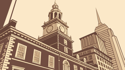 Fototapeta premium Historic Colonial Building Clock Tower juxtaposed with modern tall skyscraper architecture low angle view philadelphia skyline vector