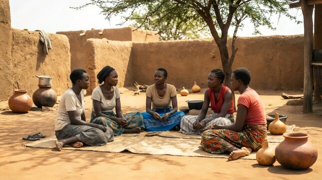 Group of five African women sitting together on a woven mat in a rural village setting, community discussion and social development in East Africa.
