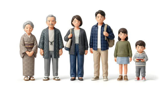 日本の三世代家族 祖父母と親子 和装と現代服