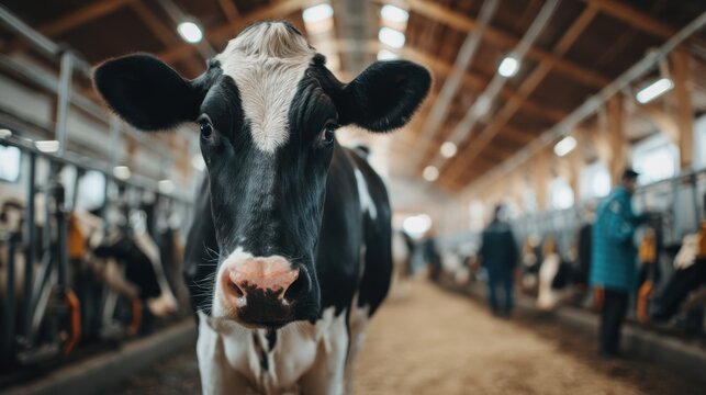 Close up of a dairy cow inside a barn agricultural farming concept