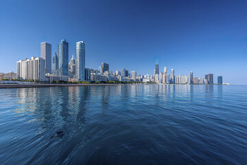 Wide panoramic view of modern city skyline with tall skyscraper buildings reflecting on calm water under clear blue sky, creating peaceful urban waterfront scene