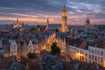 Fototapeta premium Historic European cityscape at twilight with illuminated medieval towers and charming old buildings under dramatic cloudy sky, creating peaceful and nostalgic atmosphere