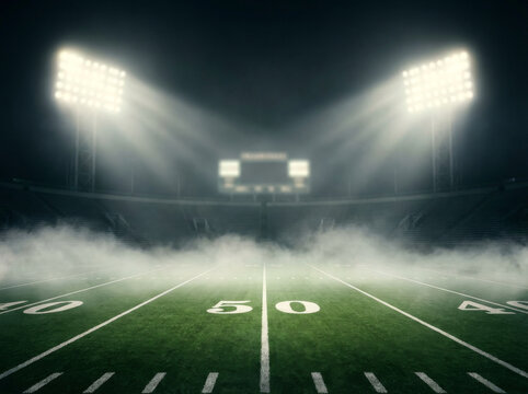 Illuminated American Football Stadium at Night with Fog and Dramatic Lighting.