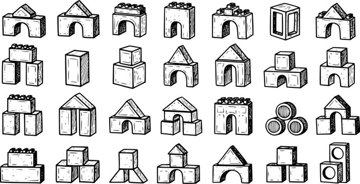Hand-Drawn Black  White Line Art Collection of Childhood Play Building Blocks, Learning Toy Structures and Architectural Forms