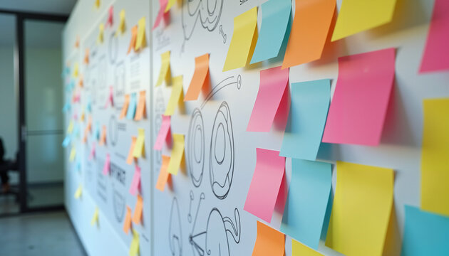 Creative workspace with colorful sticky notes on a wall