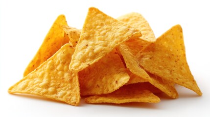 Fototapeta premium Pile of golden triangle shaped tortilla chips on transparent background