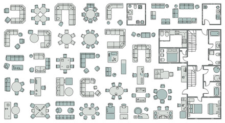 Obraz premium floor plans and furniture layouts for interior design showing diverse room arrangements and home elements for planning.