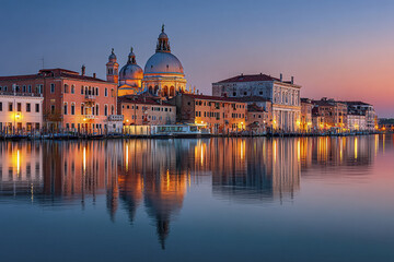 Obraz premium Venice lagoon at sunset with historic buildings and domed church reflecting on calm water, creating peaceful and picturesque cityscape with warm lights glowing softly