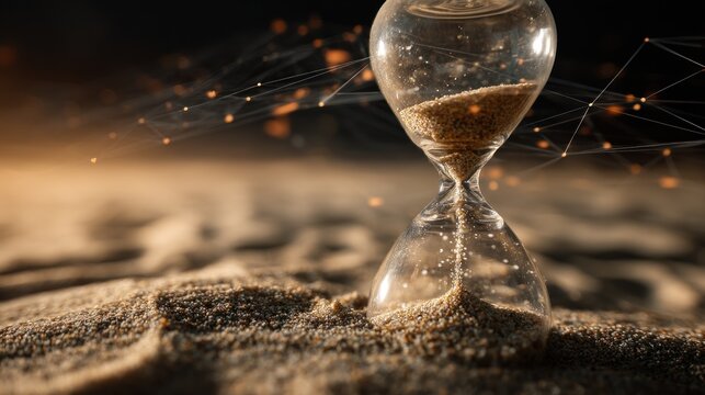 Hourglass with flowing sand and connecting lines on a transparent background