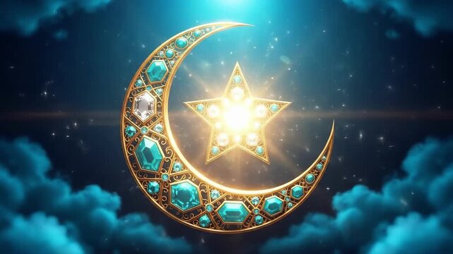 Golden crescent and star religious symbol with gemstones. Islamic sacred sign. Ramadan greeting card for Muslim holiday celebration.