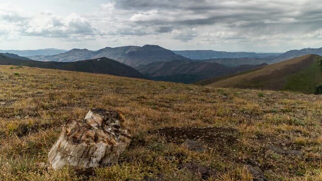 Clouds moving over a piece of petrified wood on a high alpine meadow with mountains beyond, Absaroka Range, Montana, time lapse