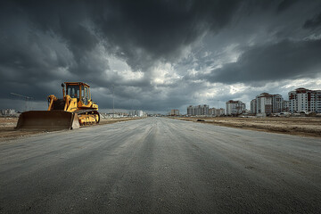 Construction bulldozer on empty asphalt road under dark cloudy sky with residential buildings in background, creating dramatic and intense atmosphere