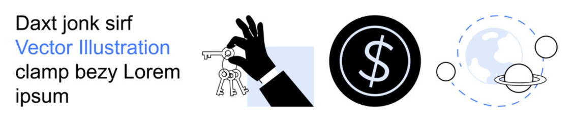 Ownership, finance, global business, exploration, investments, security. A hand holds keys, a dollar sign currency and planetary symbols suggest exploration. Ownership and finance concept