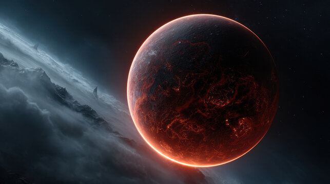 Molten rocky planet with glowing lava veins and dark charred surface floating above cloudy alien mountain ridge, dramatic red rim lighting evokes intense heat and cosmic solitude