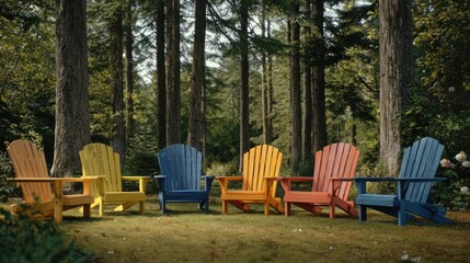 A set of wooden Adirondack chairs painted bright colors on a lawn with tall trees, 8k, realistic, full ultra HD, high resolution, cinematic photography