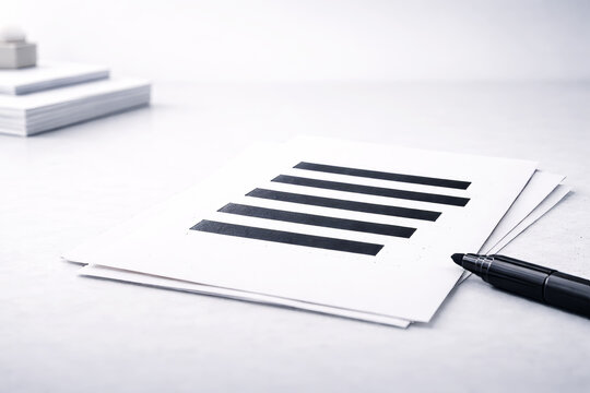 Minimalist Paper with Black Bars and Marker on White Desk